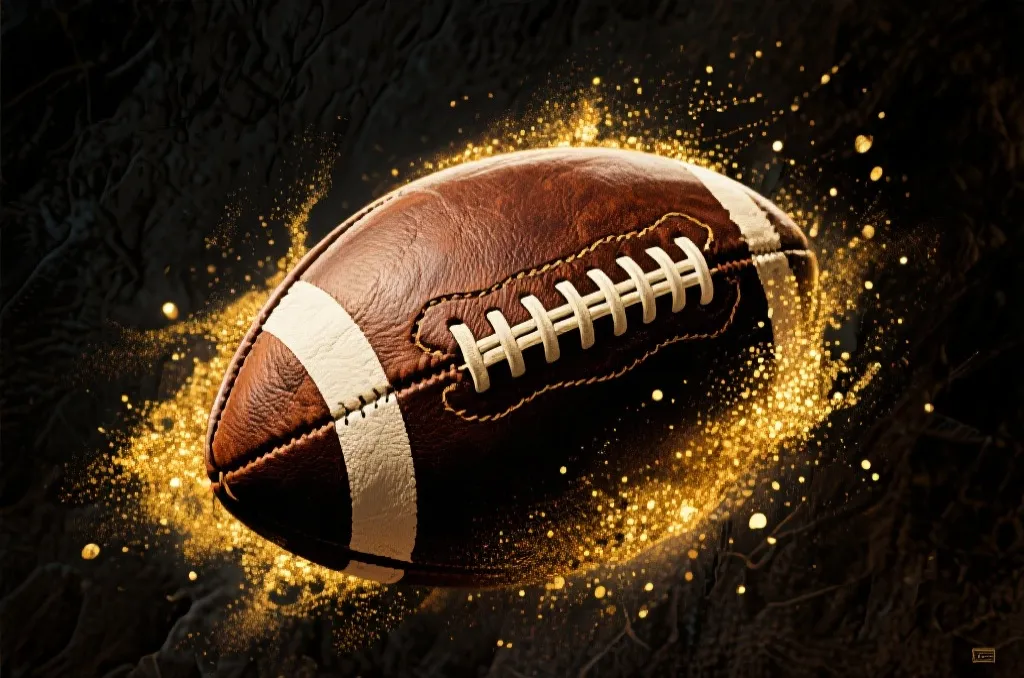 An abstract artistic illustration representing football history with a stylized vintage football and golden dust